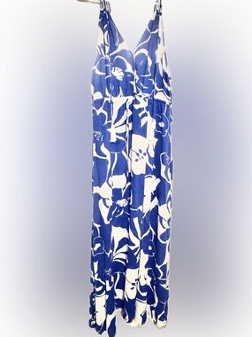 Elan Blue and White Floral V-Neck Strappy Maxi Sun Dress